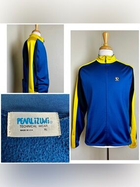 VTG Pearl Izumi Cycling Jacket M's XL Navy Ylw Full Zip Fleece Lined USA Made!